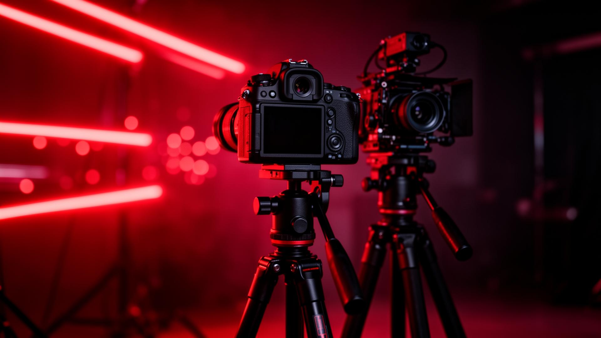 Cinematic camera lens with red lighting